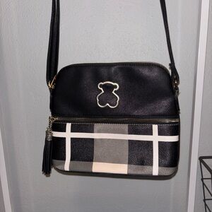 TOUS Black and Beige Plaid Crossbody Bag with Bear Logo